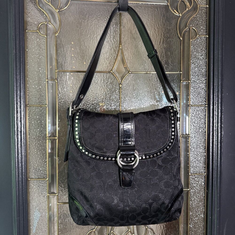 Coach F12852 Black logo studded metallic flap/saddle bag/shoulder bag/crossbody